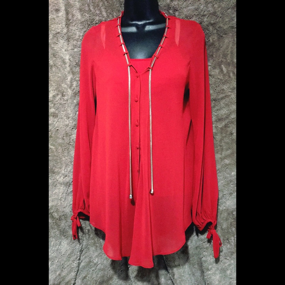 Bisou Bisou Ladies Red Sheer Blouse Button up